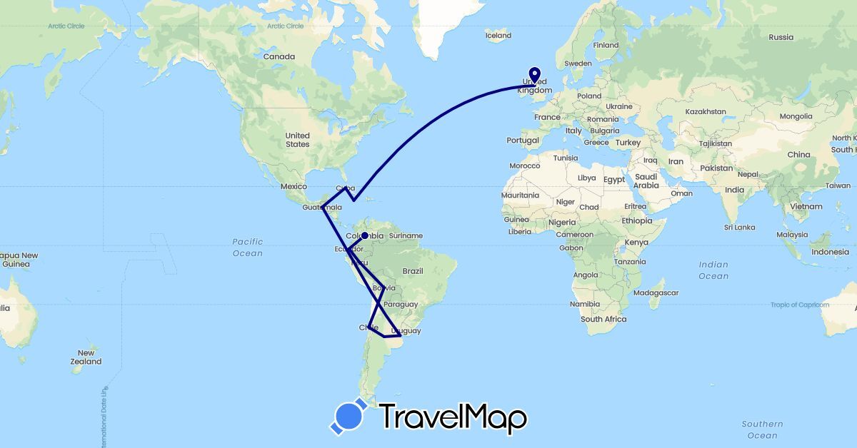 TravelMap itinerary: driving in Argentina, Bolivia, Chile, Colombia, Cuba, Ecuador, United Kingdom, Guatemala, Jamaica, Peru (Europe, North America, South America)